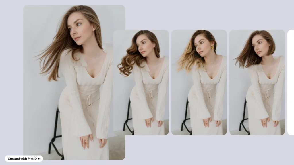 Una donna bionda che indossa un abito beige posa con diverse acconciature affiancate su uno sfondo neutro. L'immagine mostra diverse varianti di acconciature virtuali, con capelli fluenti e lievi modifiche di stile.