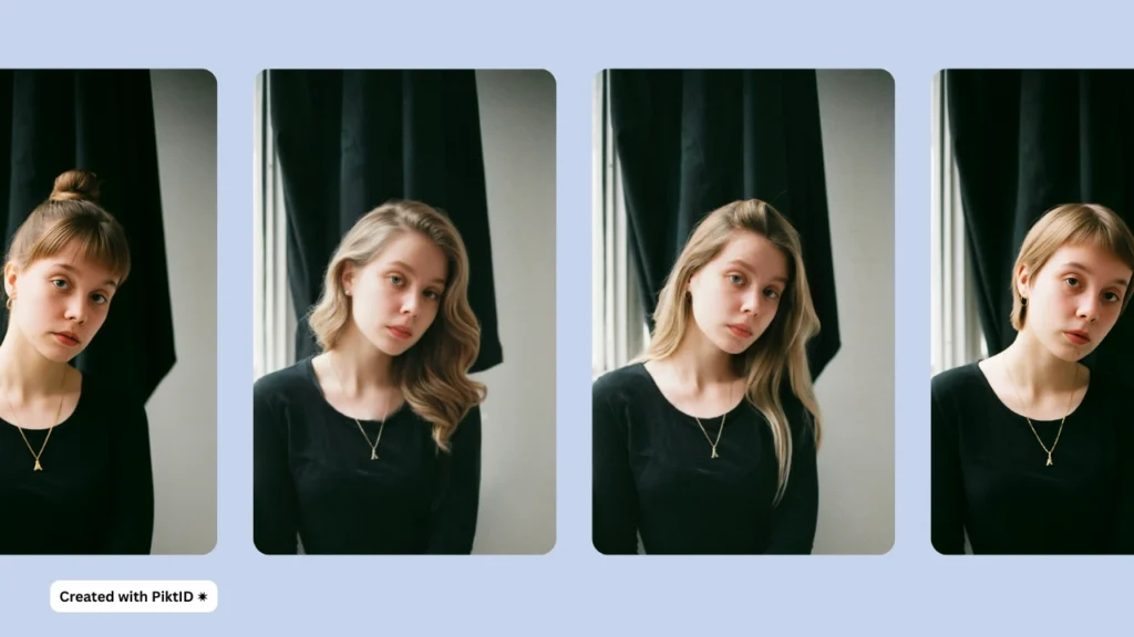 Una donna bionda è raffigurata in diversi ritratti affiancati, in cui vengono provate diverse acconciature virtuali. Ogni versione evidenzia come il suo look cambi leggermente con tagli di capelli e variazioni di stile.