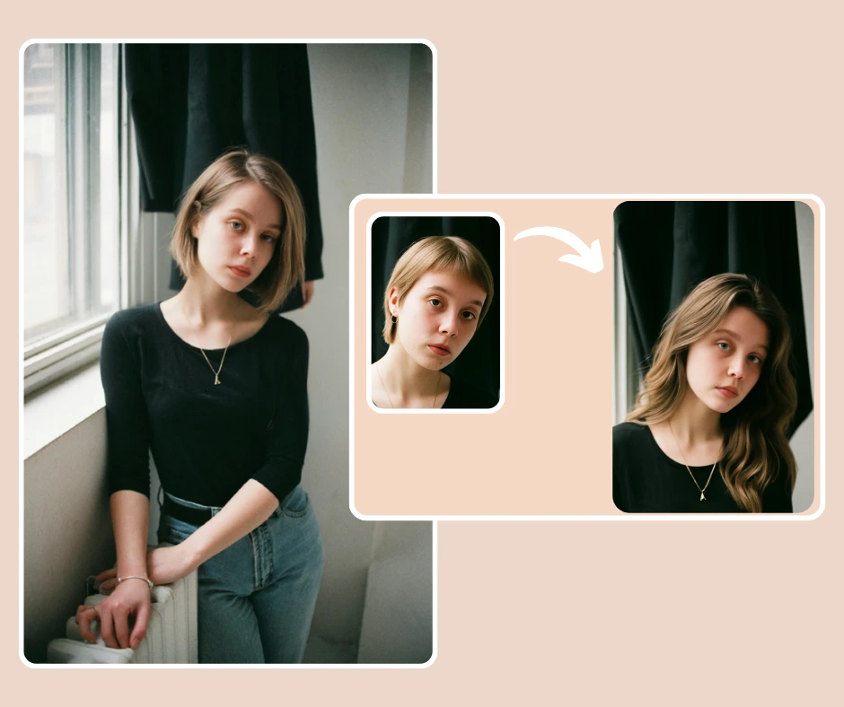 Una giovane donna con un caschetto corto è seduta vicino a una finestra, indossando un top nero e jeans. Un riquadro di confronto la mostra virtualmente trasformata, con lunghi capelli ondulati.