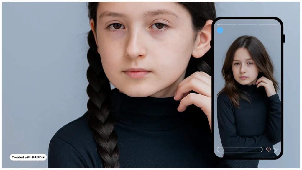 Una ragazzina dai capelli scuri posa accanto allo schermo di un telefono mentre visualizza in anteprima un'acconciatura alternativa. La composizione mette in risalto uno strumento virtuale preimpostato per sperimentare acconciature sui bambini.