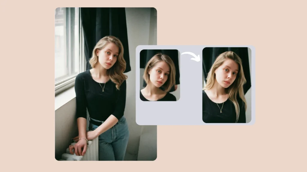 Una giovane donna con un top nero è in piedi vicino a una finestra, in posa per un confronto tra le sue acconciature. Il collage mostra il suo look originale accanto a versioni modificate digitalmente con diverse lunghezze e colori di capelli.