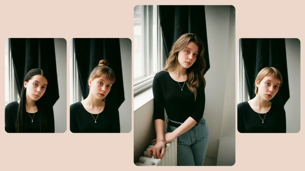 Una donna con un top nero è ritratta con diverse acconciature disposte attorno a un ritratto centrale a figura intera. Il layout evidenzia diversi tagli, come trecce, chignon e acconciature corte, per ispirare un look virtuale.