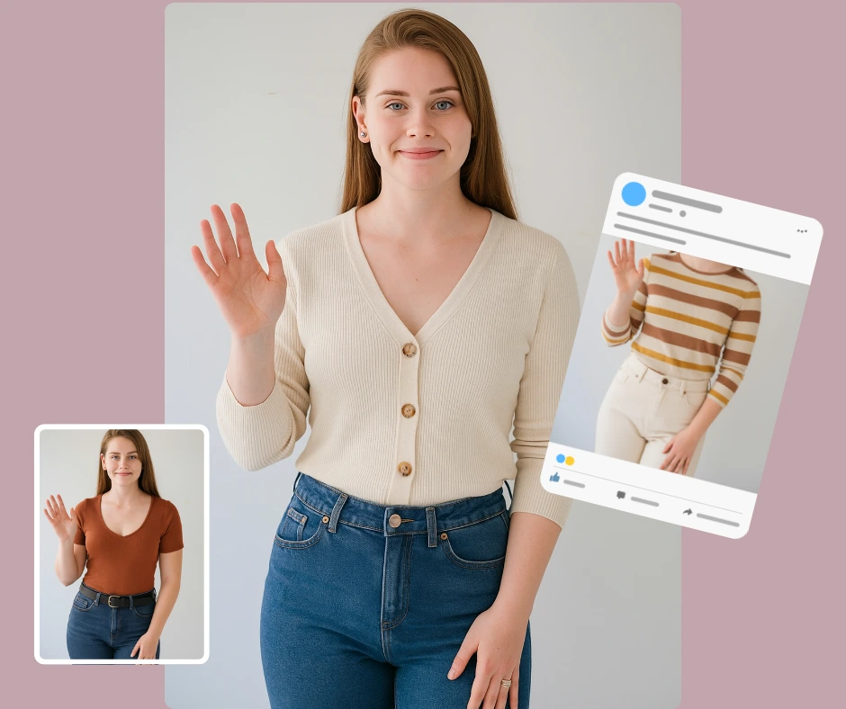 A young woman uses outfit changer to preview different outfits, including a cream cardigan, striped top, and rust t-shirt. The photo showcases how digital fashion previews can enhance social media style posts.