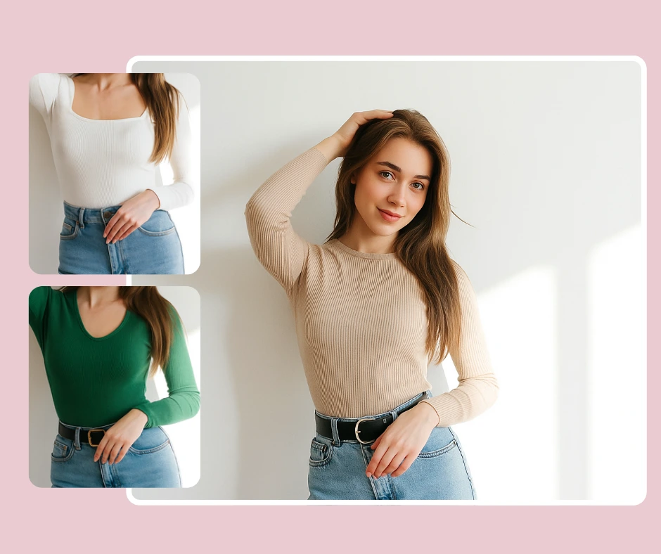 A young woman uses PiktID to preview various tops, including a beige sweater, a white square-neck blouse, and a green fitted top. The image highlights how digital outfit previews help visualize fashion choices.