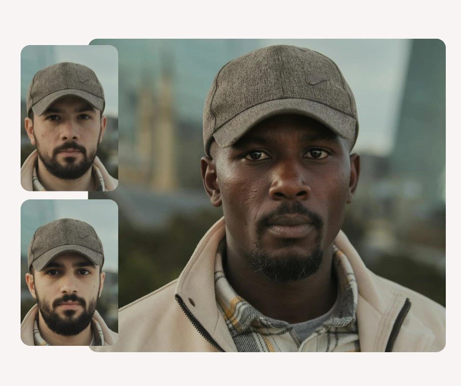 Vista de lado a lado de dos hombres con gorras, que demuestran la transformación de intercambio de rostros mediante IA utilizando la plataforma de cambio de rostros de PiktID para una combinación de identidad realista.