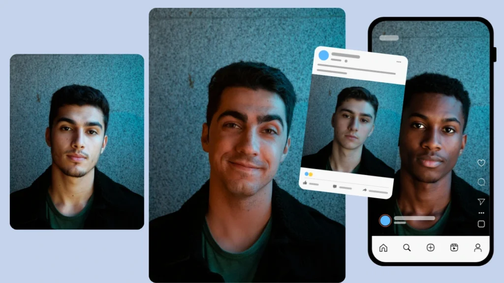 Una imagen de vista previa al estilo de las redes sociales que muestra la cara de un hombre intercambiada con la de otra persona usando IA, visualizada dentro de una maqueta de teléfono para uso promocional.