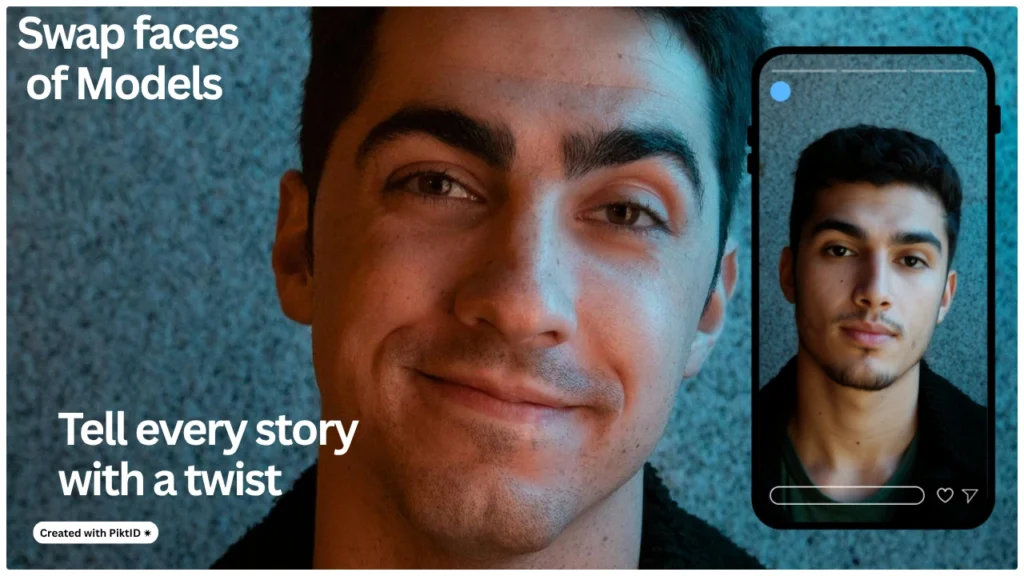 Una imagen promocional que enfatiza la narración de historias a través de la tecnología de intercambio de rostros con inteligencia artificial de PiktID, mostrando un retrato principal junto a una versión intercambiada que se muestra en la pantalla de un teléfono.
