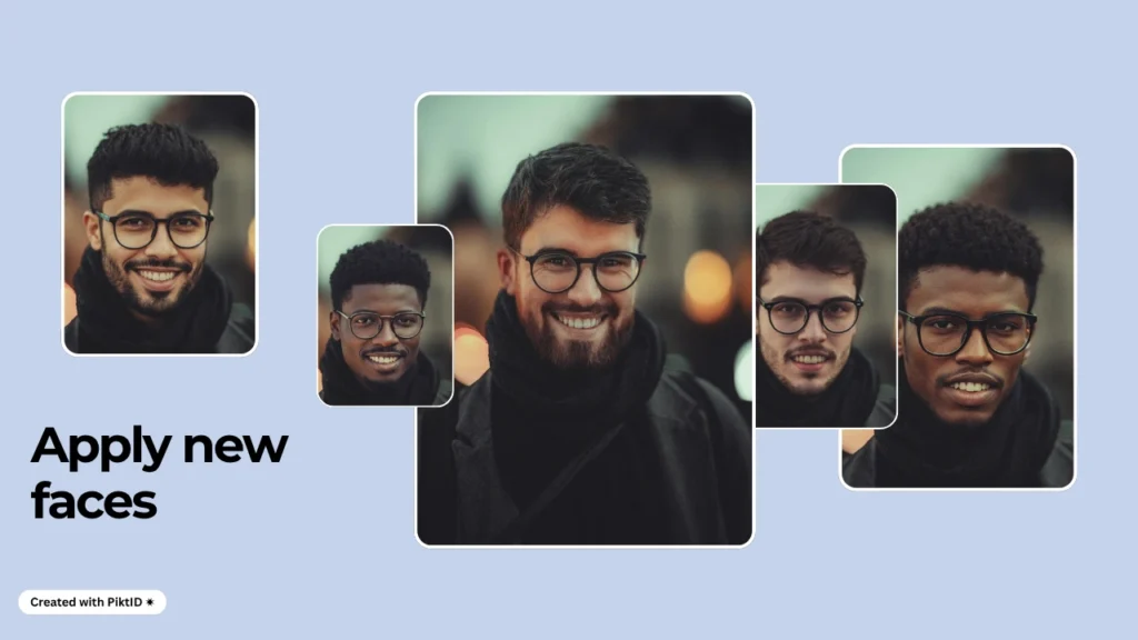 A collage showing AI-generated face swaps on multiple men with glasses, demonstrating PiktID’s ‘Apply new faces’ feature. The image highlights realistic transformations across diverse faces.