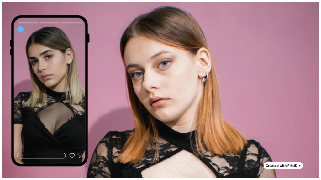 Side-by-side portraits of two women showing a face swap transformation using PiktID’s AI technology. The before-and-after comparison demonstrates high-quality face replacement results.