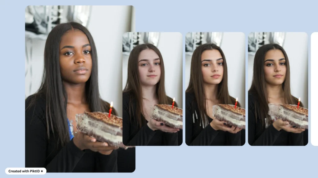 A sequence of women holding a birthday cake, each featuring a different AI-applied face using PiktID. The image illustrates how face changing can create varied identities from a single pose.