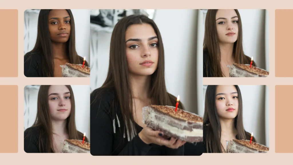 AI-generated variations of women holding the same cake, created using PiktID’s changing faces tool. Demonstrates realistic facial diversity for product and lifestyle imagery.