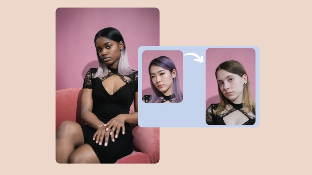 A woman sitting confidently on a red chair with two inset images showing AI-swapped faces. The photo visualizes PiktID’s precise and natural-looking face swap capabilities.