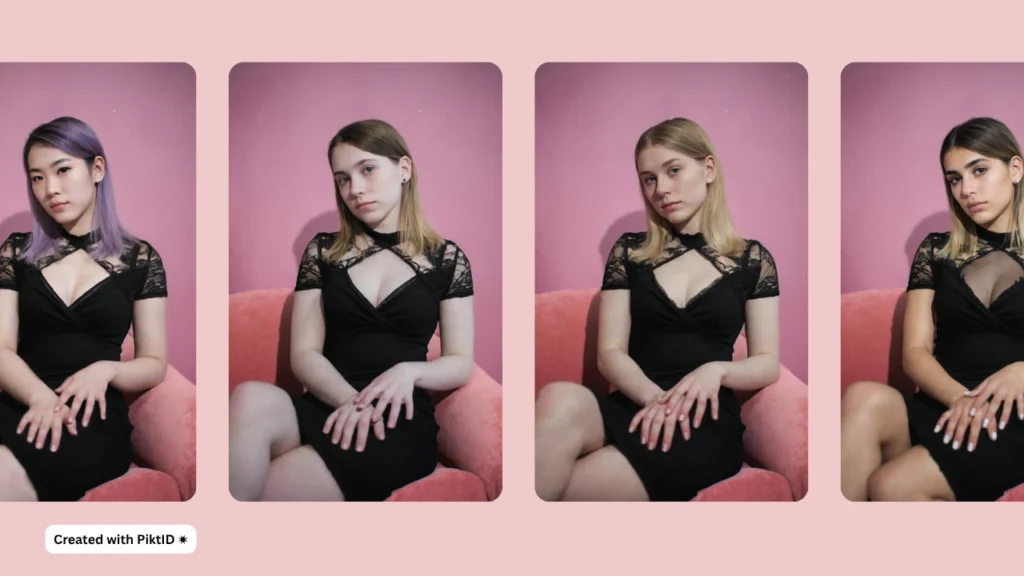 Three AI-generated portraits of women sitting in identical poses on a pink background, showing face swaps achieved using PiktID. The image emphasizes seamless identity transformation.