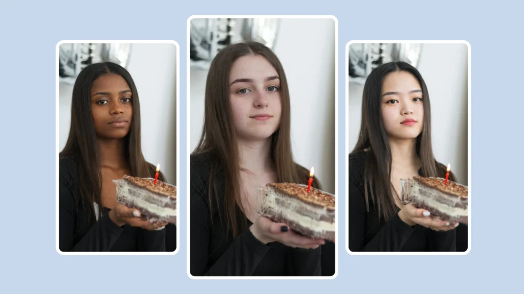 Three portraits of women holding a birthday cake, each showing different AI-applied faces created with PiktID. Demonstrates consistent lighting and expression with varied identities.