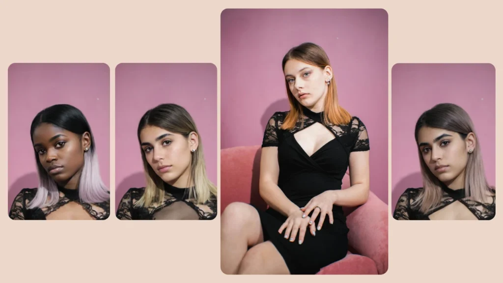 A central image of a woman sitting on a red chair surrounded by AI-swapped variations, created using PiktID. The composition highlights smooth transitions in skin tone and facial structure.