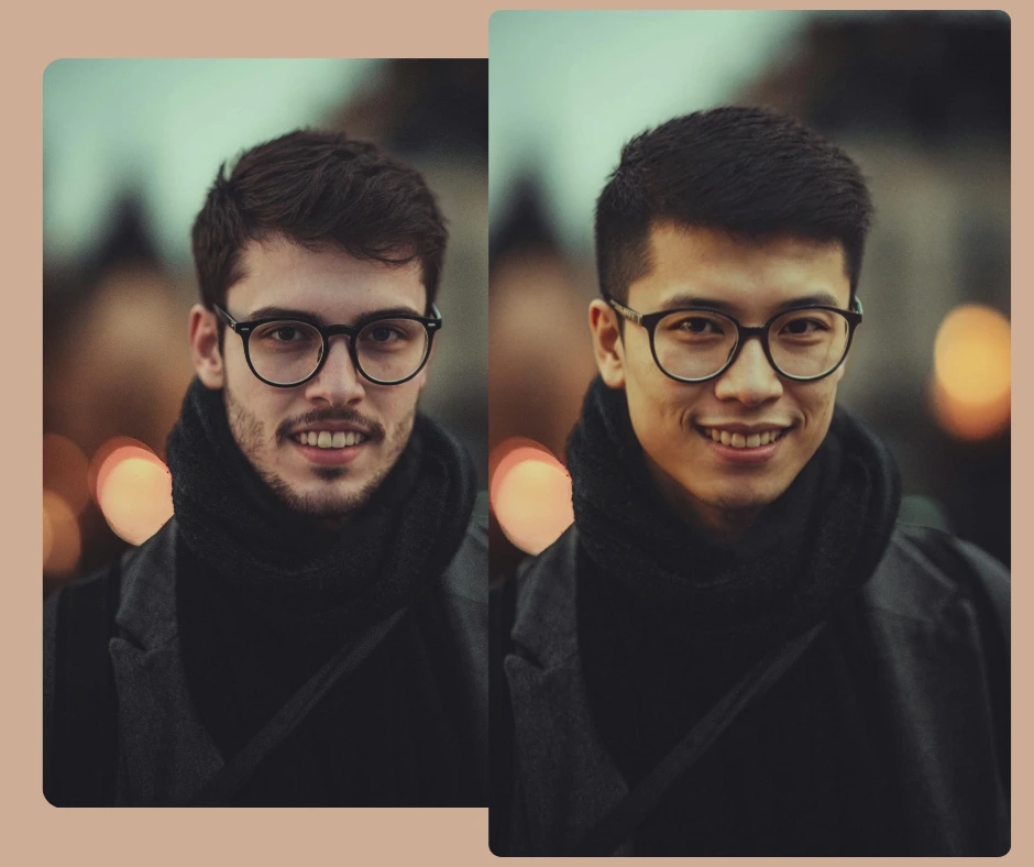 Two men in black coats and glasses are compared side by side, demonstrating an AI-powered face changing result. The photo showcases realistic face transformation while keeping consistent lighting and background.
