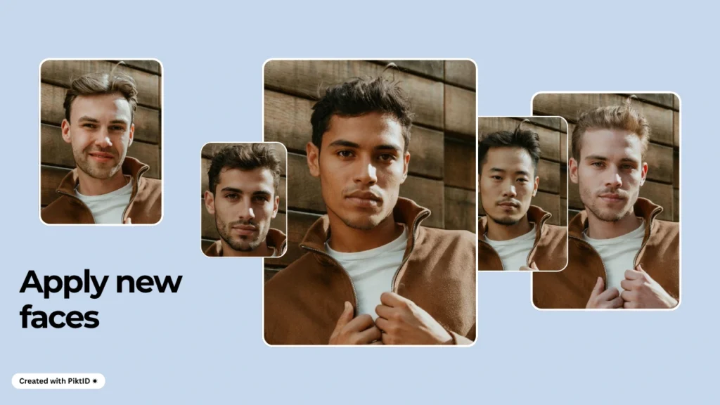Collage of men wearing brown jackets and white shirts showing different swapped faces, representing how to change face shape realistically using PiktID’s AI tools.