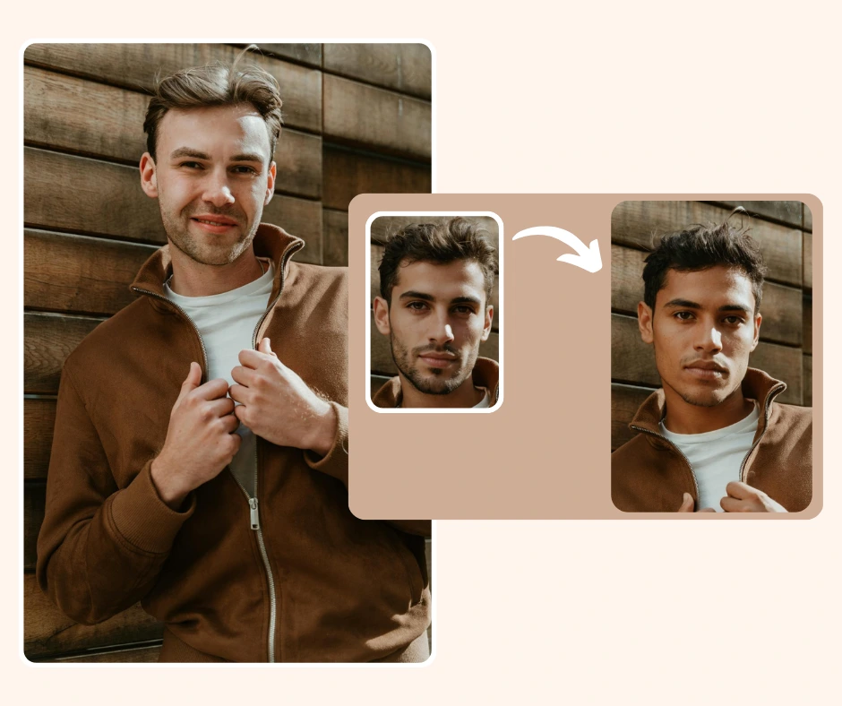 A man in a brown jacket poses against a wooden wall, with an inset showing how his face is swapped using a face changing tool. The image demonstrates realistic face transformation results using PiktID’s AI technology.