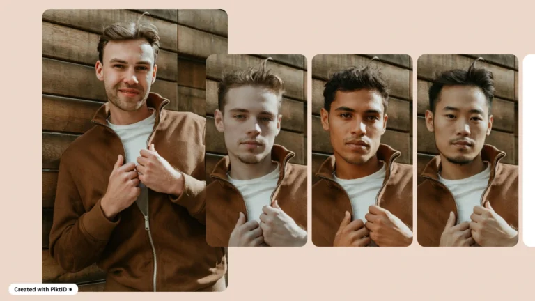 Varios retratos de hombres con chaquetas marrones dispuestos uno al lado del otro, mostrando diversos resultados de intercambio de rostros logrados a través de la transformación de identidad de IA de PiktID.