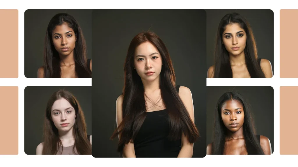 Group of five women in black outfits featuring different face variations, highlighting multiple AI face swaps that demonstrate diversity and realism.
