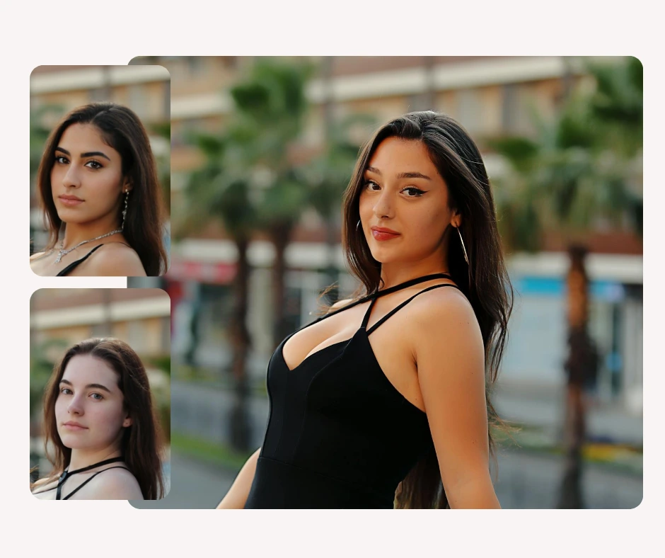 A woman in a black dress outdoors is shown beside two inset faces, illustrating realistic face swap variations. The image highlights how PiktID allows users to experiment with different face shapes and features seamlessly.