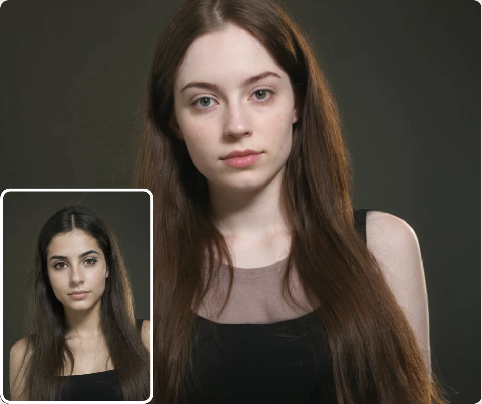 A close-up of a woman with long brown hair, with an inset showing an alternate face option. This visual explains how PiktID’s face changing AI can switch between faces with natural-looking results.