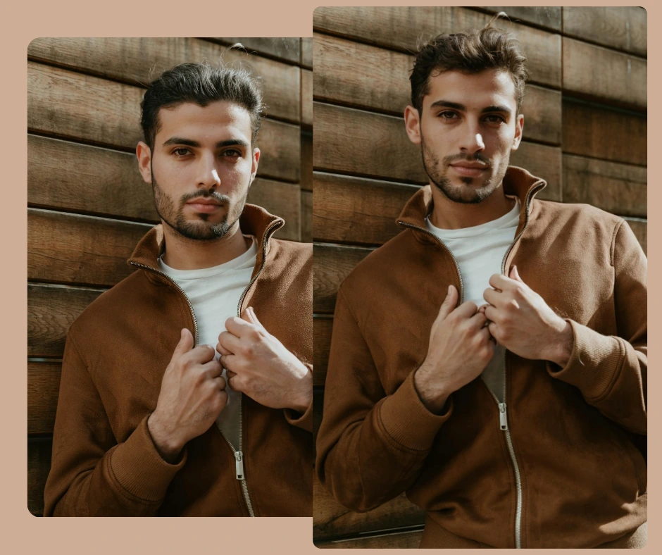 Two side-by-side portraits of the same man in a brown jacket show before and after face swapping. The image compares subtle facial differences to demonstrate realistic identity changes using PiktID.