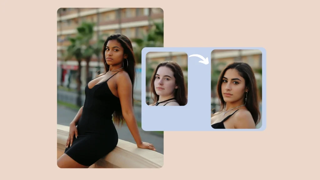 A woman leaning on a railing in a black dress beside smaller images showing her face swapped with others, explaining the process of AI face replacement.
