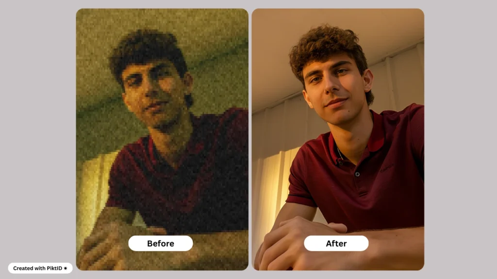 Before and after image of a man in a red shirt, showing how AI upscaling removes noise and enhances image sharpness and lighting for crystal-clear 4K quality.