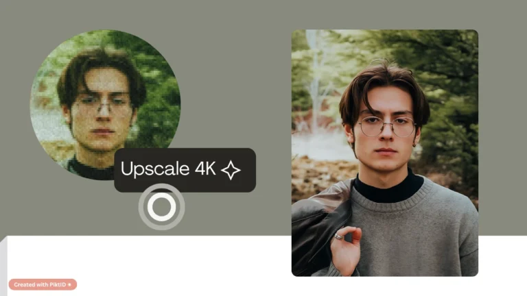 Promotional banner showcasing 4K Upscaler technology by PiktID, converting low-quality portraits into detailed, professional-grade visuals.