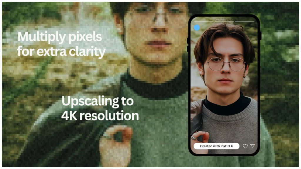 Visual comparison showing AI 8K enhancement multiplying pixels for extra clarity, turning a pixelated image into a lifelike, high-resolution portrait.