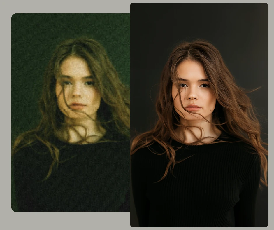 Side-by-side comparison of a woman in a black sweater before and after AI enhancement, showing improved clarity and natural tones. The right side displays the upscaled and enhanced version with lifelike skin texture and smooth background achieved through PiktID.