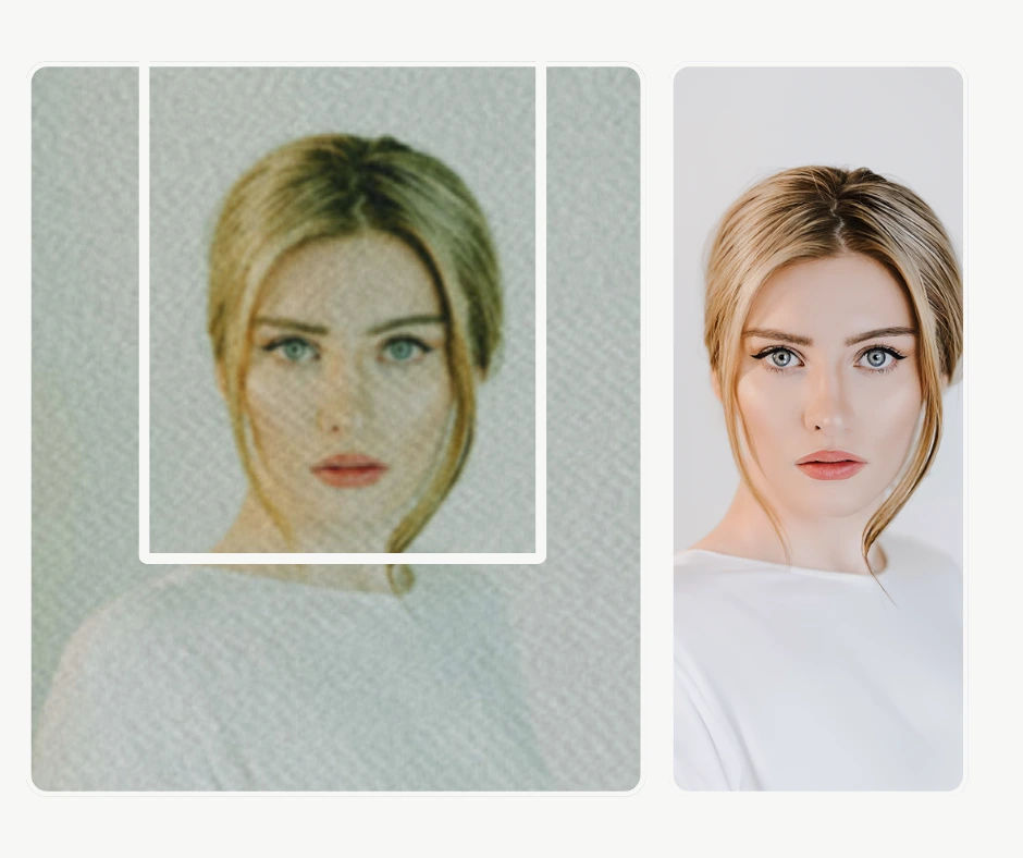 Side-by-side portrait of a blonde woman in a white top showing the difference between a pixelated original and an upscaled AI-enhanced version. The PiktID upscaled image demonstrates precise facial detail, vibrant colors, and professional lighting quality.