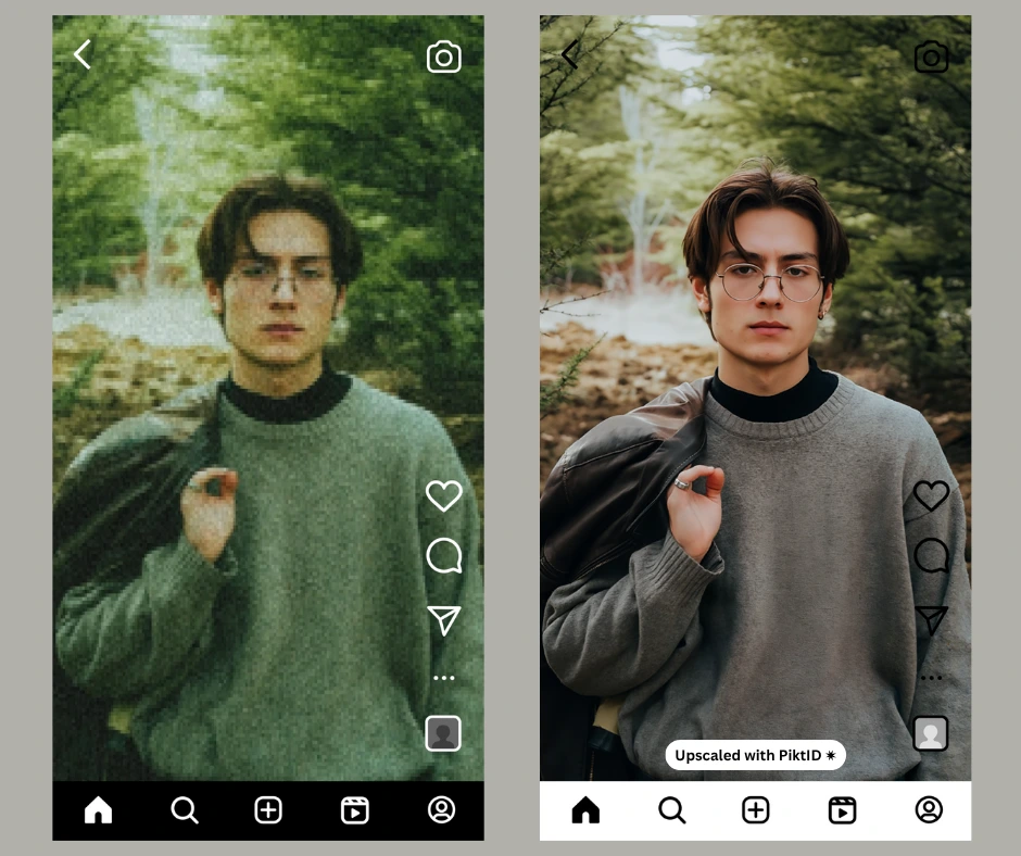 AI-upscaled image of a man wearing glasses and a grey sweatshirt, standing outdoors with greenery in the background. The comparison layout illustrates how PiktID enhances clarity and sharpness for social media visuals and profile photos.