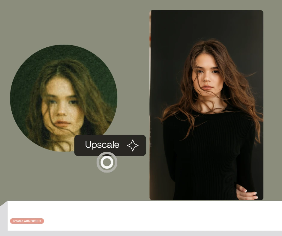 Before-and-after upscaling comparison of a young woman in a black top with flowing hair, highlighting PiktID’s ability to restore sharpness and definition. The AI-enhanced version shows crisp details and professional studio-quality finish.