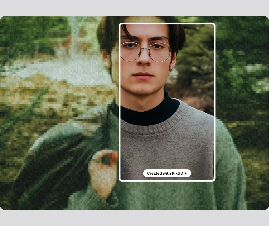 Close-up comparison of a young man with glasses, showcasing the transition from a blurry image to a crisp 4K AI-enhanced portrait. Created with PiktID, this image emphasizes natural skin texture, depth, and high-definition realism.
