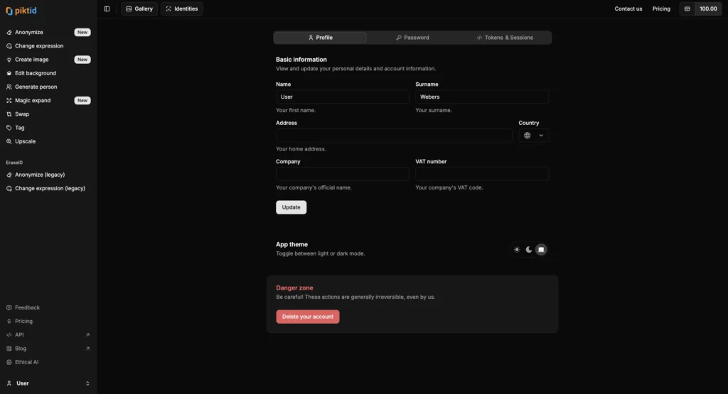 The PiktID profile settings page showing user information fields like name, address, and company details, along with a “Delete your account” button in the danger zone section. Ideal for illustrating user account management and deletion options in the PiktID app.
