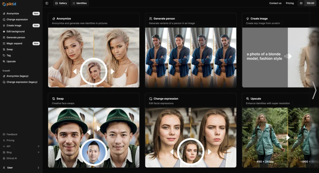 The PiktID Studio dashboard displaying AI-powered tools such as Anonymize, Generate Person, Swap, and Upscale for creative image editing. Highlights the app’s user-friendly interface and AI image manipulation capabilities.