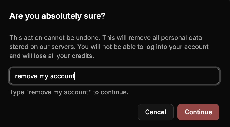 A pop-up confirmation dialog in PiktID asking users to type “remove my account” before permanently deleting their account and personal data. Depicts the account deletion confirmation process with a warning about irreversible actions.