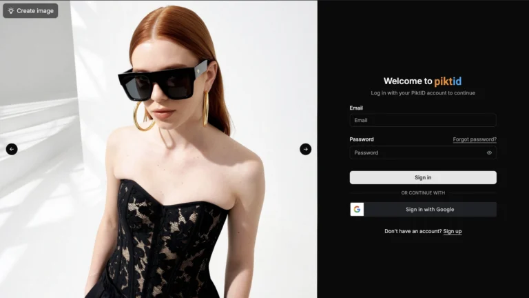 Learn How to Delete Your PiktID Account, The PiktID login screen featuring a model wearing a black lace corset dress and sunglasses beside email and password input fields. Represents the modern and stylish login interface of the PiktID AI imaging platform.