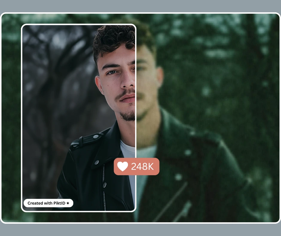 Confronto tra immagini in upscaling con intelligenza artificiale che mostrano un ritratto in parte sfocato e in parte in alta definizione di un giovane uomo con una giacca di pelle, con uno sfondo suggestivo. Il lato migliorato mostra dettagli del viso nitidi e tonalità vivaci, creati utilizzando uno strumento di miglioramento delle immagini basato sull'intelligenza artificiale.