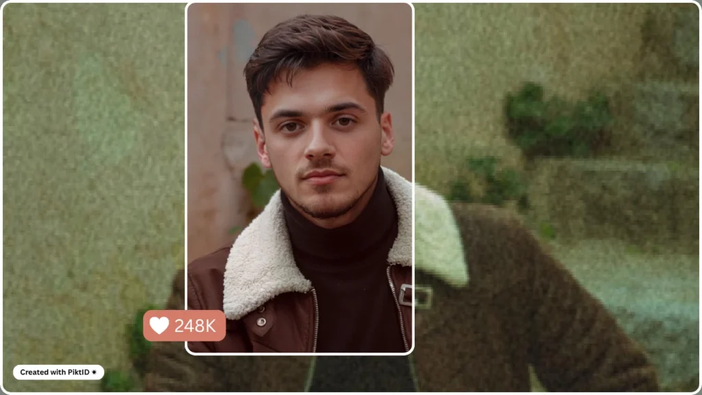 An AI-enhanced portrait of a young man in a brown shearling jacket displayed inside a social media-style frame with 248K likes. The image emphasizes PiktID’s ability to boost clarity and visual appeal for professional or influencer content.
