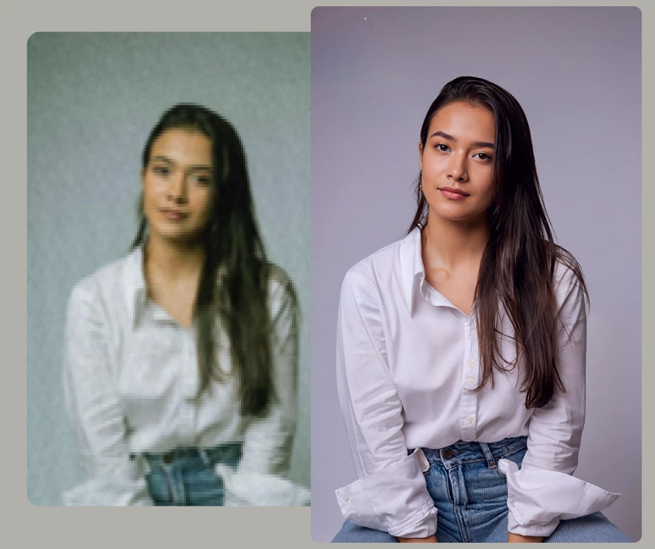 Side-by-side image comparison showing a young woman in a white shirt and jeans, where the left side is blurred and the right side is clear after AI image restoration.