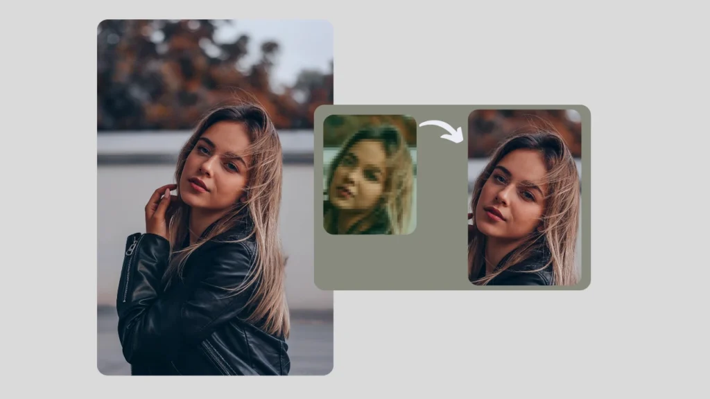 Side-by-side comparison of a young woman in a black leather jacket before and after AI upscaling with PiktID. The after photo shows vivid colors, smoother textures, and realistic detail, showcasing superior image restoration quality.