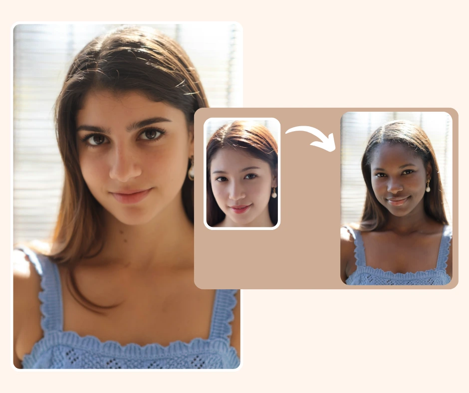 Exemple d'échange de visages utilisant l'outil d'IA PiktID montrant comment les traits du visage peuvent être modifiés sur différents portraits tout en conservant l'éclairage naturel et le teint de la peau.