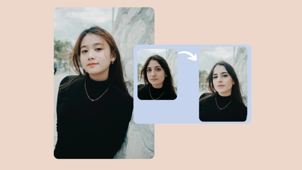 Deux femmes en noir, appuyées contre un mur, passent progressivement de l'une à l'autre grâce à une flèche symbolisant le changement de visage. Créée avec PiktID, cette image illustre un échange d'identité fluide et automatisé en photographie.