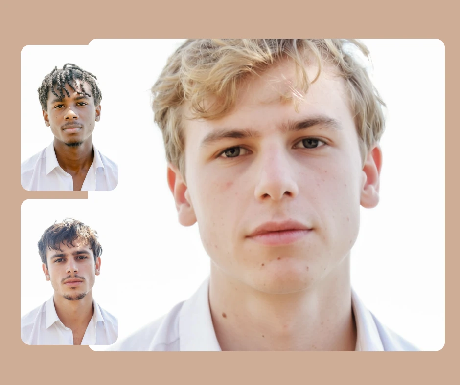 Collage comparatif de portraits d'hommes utilisés dans l'échange de visages par IA, montrant comment les utilisateurs peuvent sélectionner différents visages pour la transformation avec PiktID.