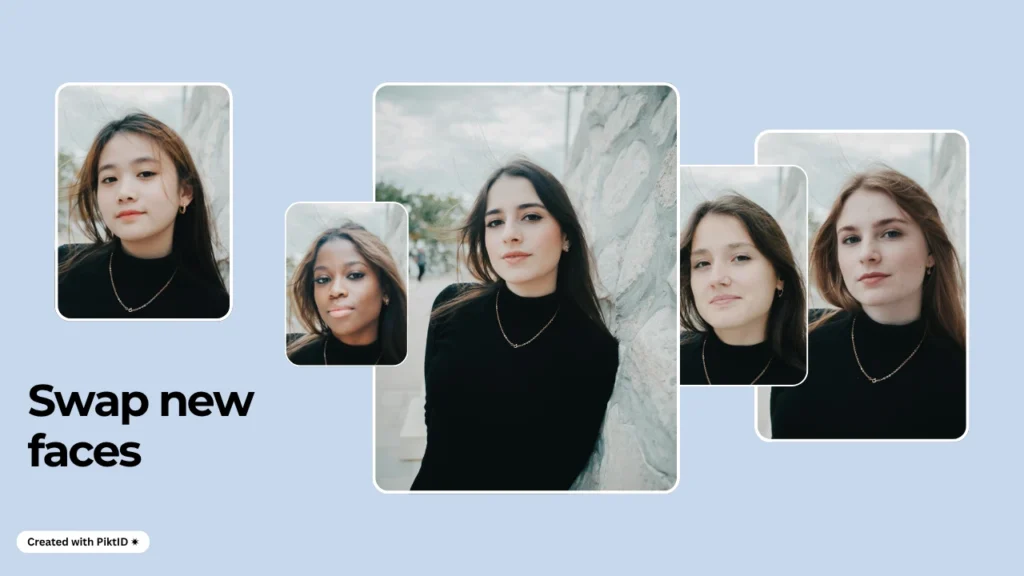 Un groupe de femmes vêtues de noir apparaît dans une série d'échanges de visages illustrant la fonctionnalité ‘ Swap New Faces ’ de PiktID. Met en avant diverses transformations faciales pour une personnalisation globale de l'identité.