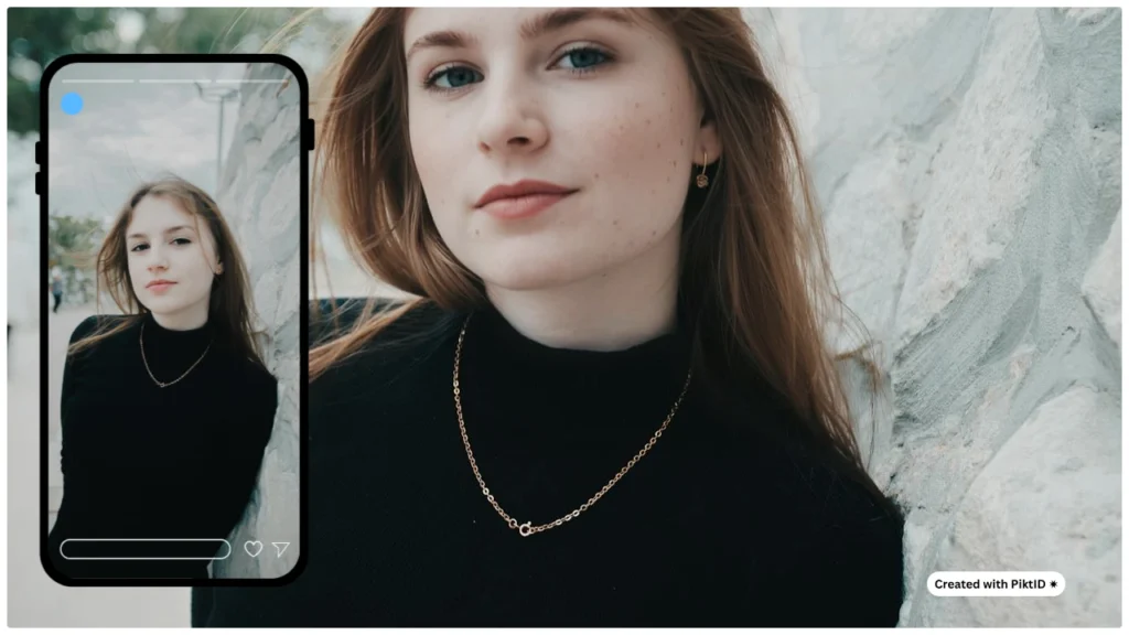 Gros plan sur une femme vue à travers le cadre d'un iPhone, montrant son identité échangée, créée avec PiktID. Représente une technologie d'échange de visages par IA adaptée aux appareils mobiles pour la création d'identités numériques réalistes.