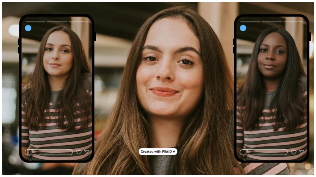 Center face framed by smartphone UI on both sides featuring two alternate women’s faces, illustrating how PiktID changes faces realistically. Modern AI face swap technology shown in social media preview format.